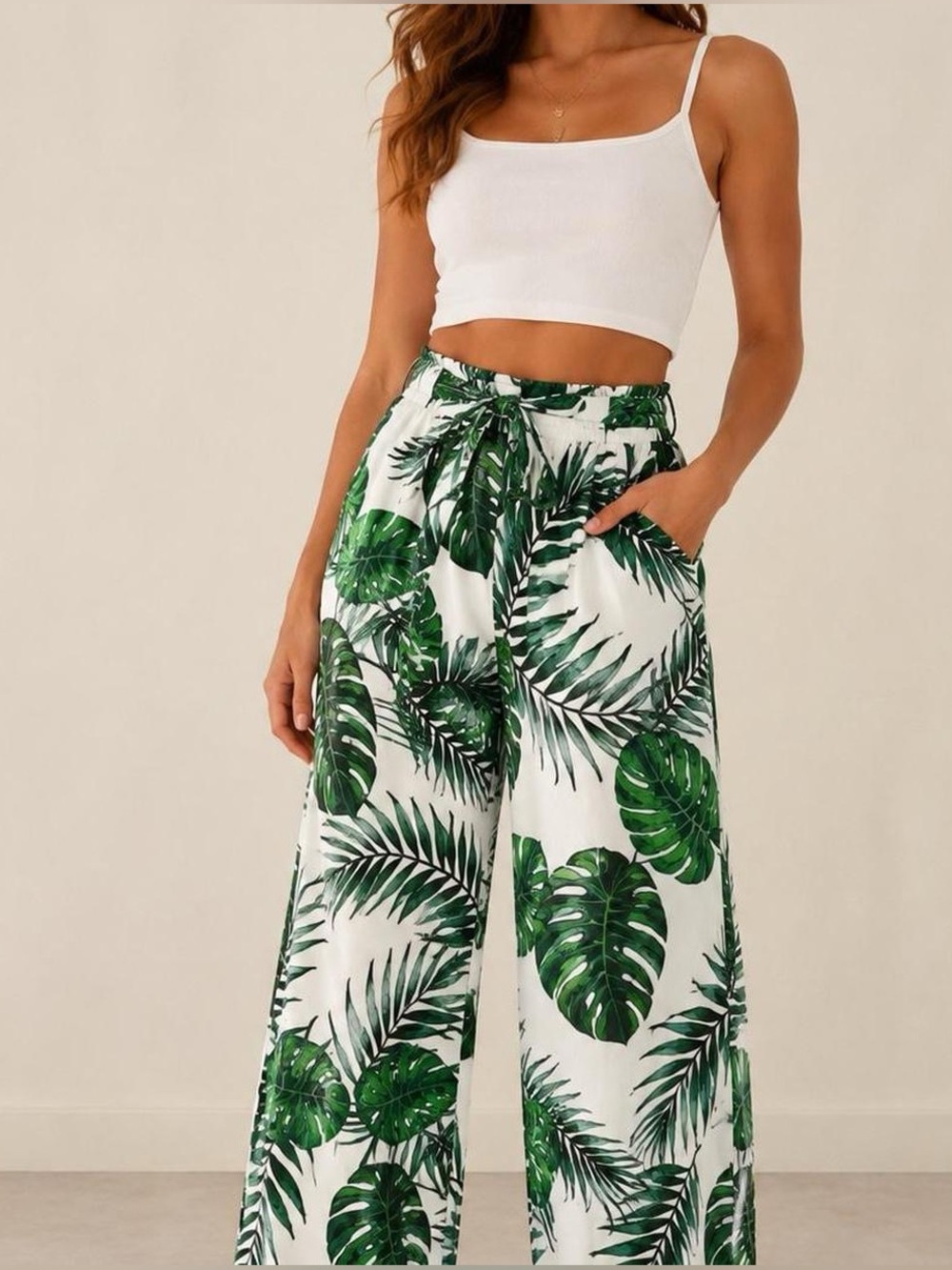 Guess Green and White Leaf-Print Tie-Front Top